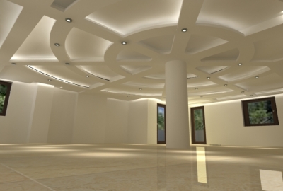 Интериорен проект на окачен таван в голяма всекидневна